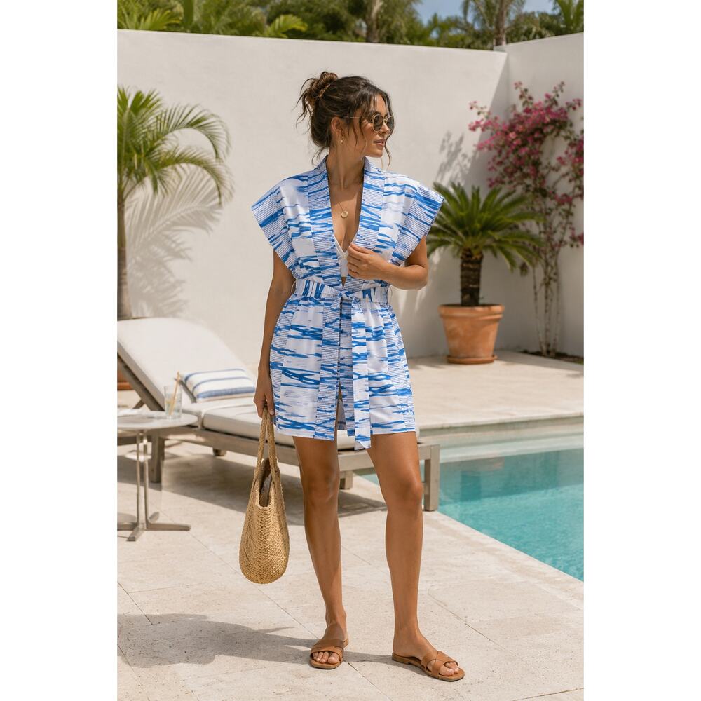 My Beachy Side Blue & White Tie Dye Kimono Cover Up Tunic Robe One Size NWT